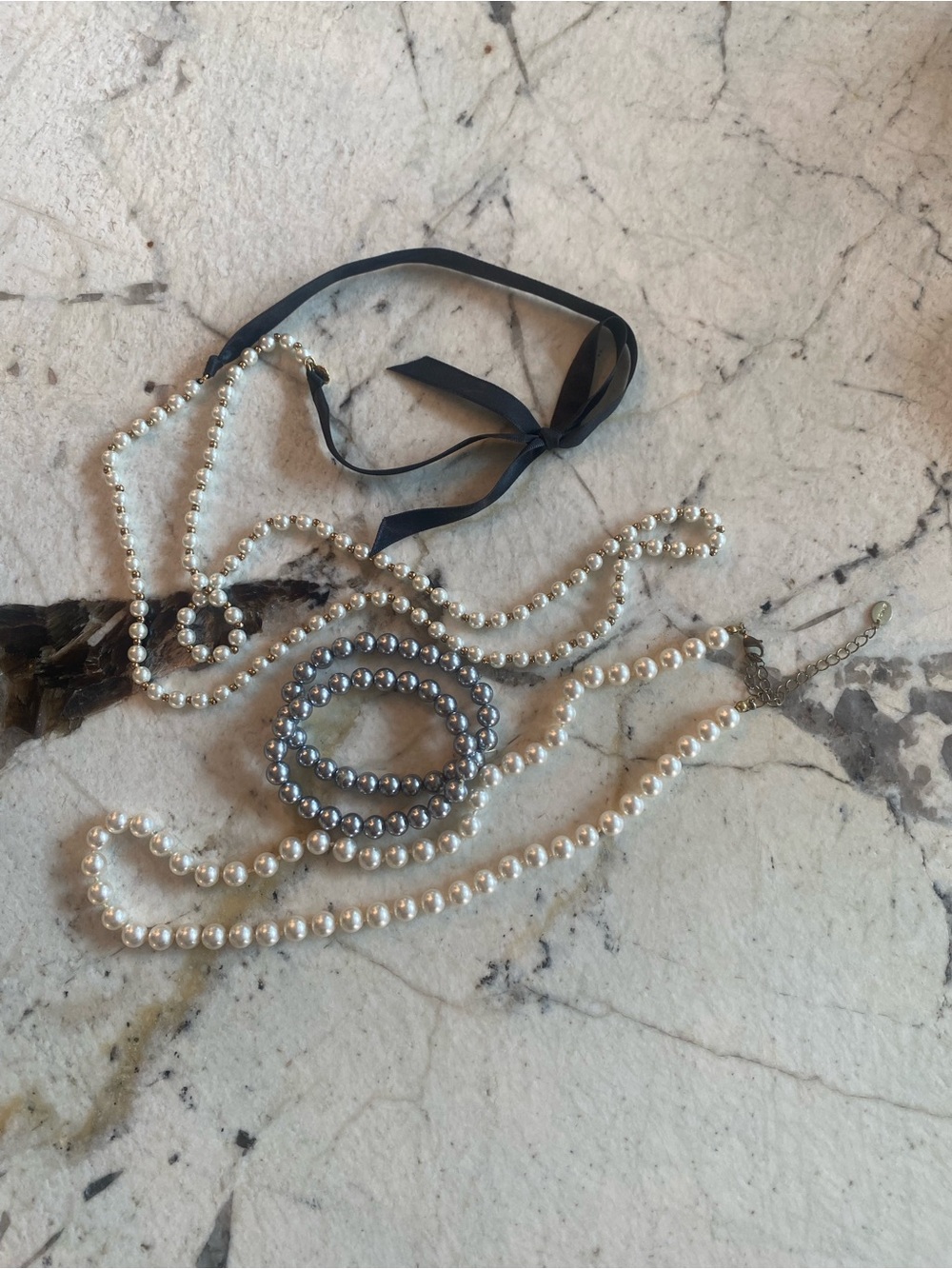 Faux Pearl Necklace Set with Black Ribbon Accent